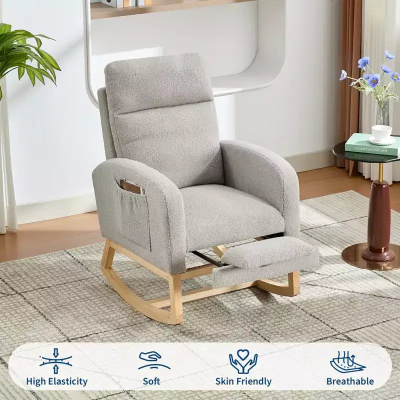 Fauteuil à bascule en tissu Teddy pour chambre de bébé, planeur en bois de 136 kg avec dossier haut et 2 poches latérales, fauteuil à bascule d'appoint confortable pour chambre et salon