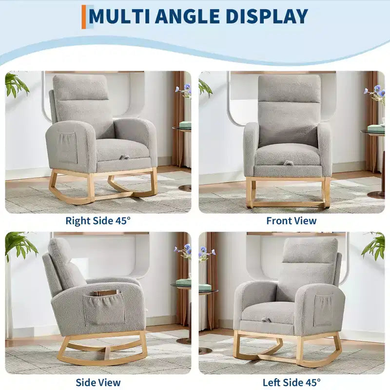 Fauteuil à bascule en tissu Teddy pour chambre de bébé, planeur en bois de 136 kg avec dossier haut et 2 poches latérales, fauteuil à bascule d'appoint confortable pour chambre et salon