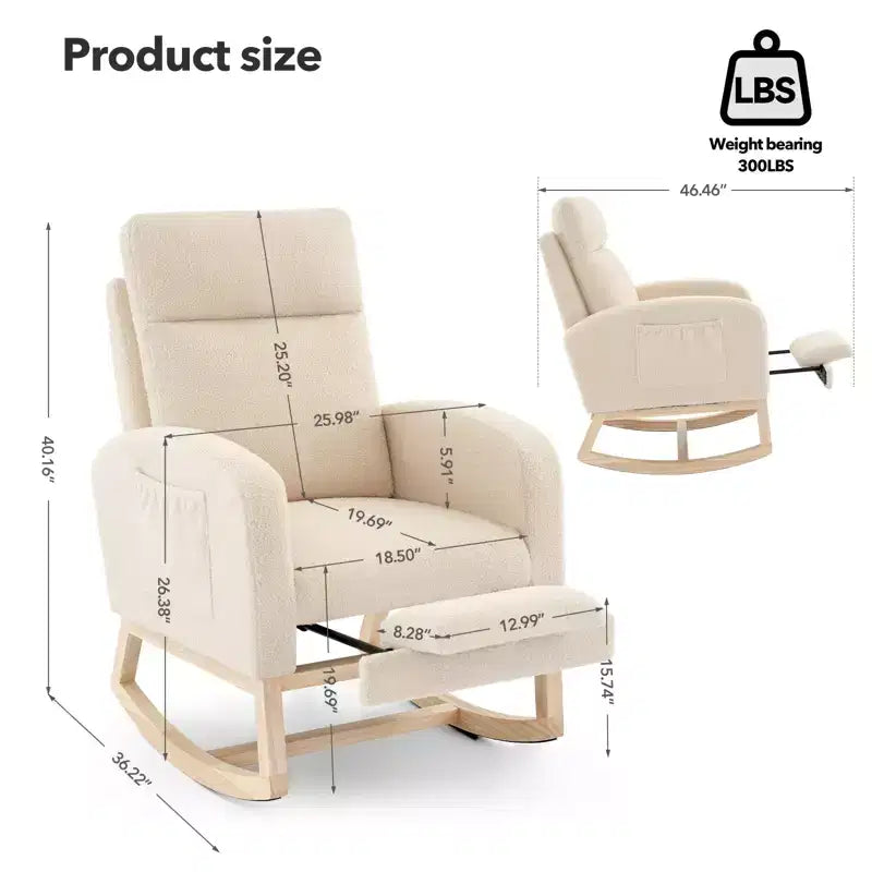 Fauteuil à bascule en tissu Teddy pour chambre de bébé, planeur en bois de 136 kg avec dossier haut et 2 poches latérales, fauteuil à bascule d'appoint confortable pour chambre et salon