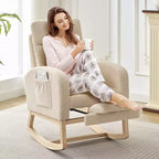 Fauteuil à bascule en tissu Teddy pour chambre de bébé, planeur en bois de 136 kg avec dossier haut et 2 poches latérales, fauteuil à bascule d'appoint confortable pour chambre et salon