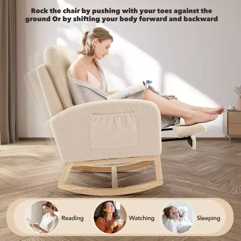 Fauteuil à bascule en tissu Teddy pour chambre de bébé, planeur en bois de 136 kg avec dossier haut et 2 poches latérales, fauteuil à bascule d'appoint confortable pour chambre et salon