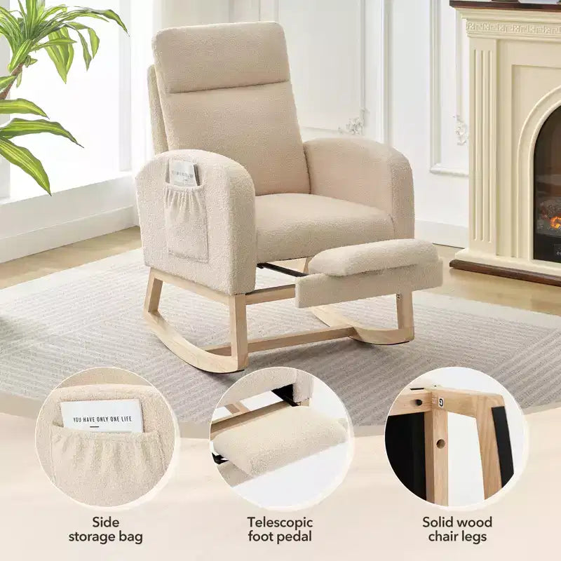 Fauteuil à bascule en tissu Teddy pour chambre de bébé, planeur en bois de 136 kg avec dossier haut et 2 poches latérales, fauteuil à bascule d'appoint confortable pour chambre et salon