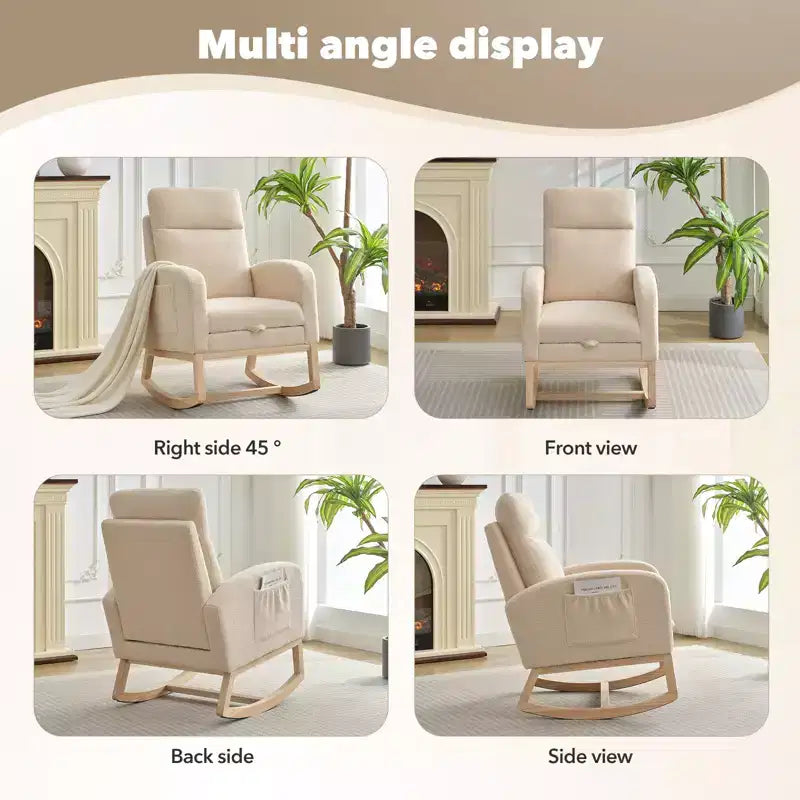 Fauteuil à bascule en tissu Teddy pour chambre de bébé, planeur en bois de 136 kg avec dossier haut et 2 poches latérales, fauteuil à bascule d'appoint confortable pour chambre et salon