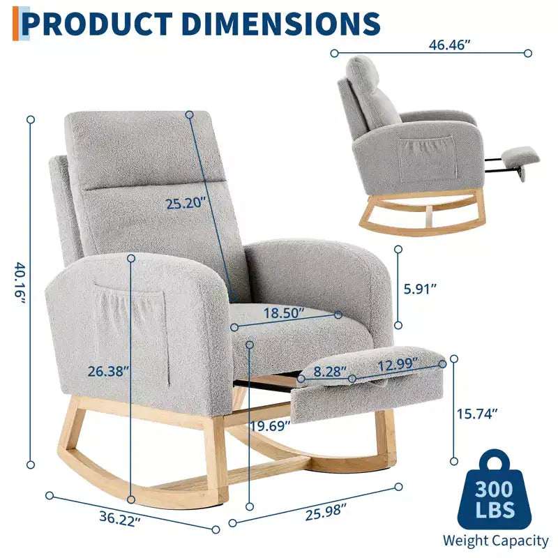 Fauteuil à bascule en tissu Teddy pour chambre de bébé, planeur en bois de 136 kg avec dossier haut et 2 poches latérales, fauteuil à bascule d'appoint confortable pour chambre et salon