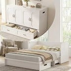 Mjkone Queen Size Convertible Murphy Cabinet Bed with Mattress, USB Charging, Storage Drawers