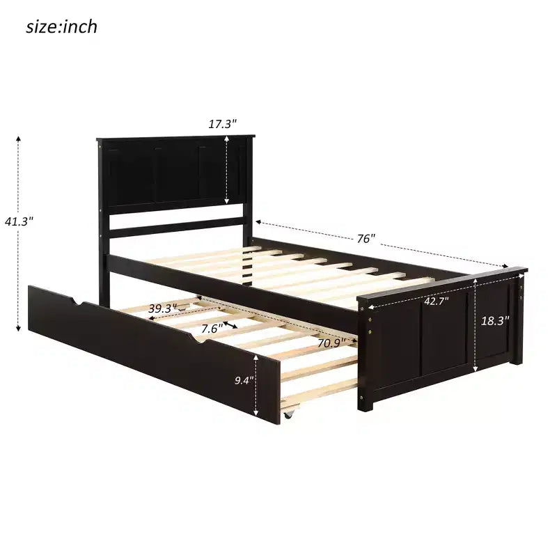 Lit plateforme FAMYYT pour jumeaux avec lit gigogne peu encombrant, assemblage facile, couleur expresso