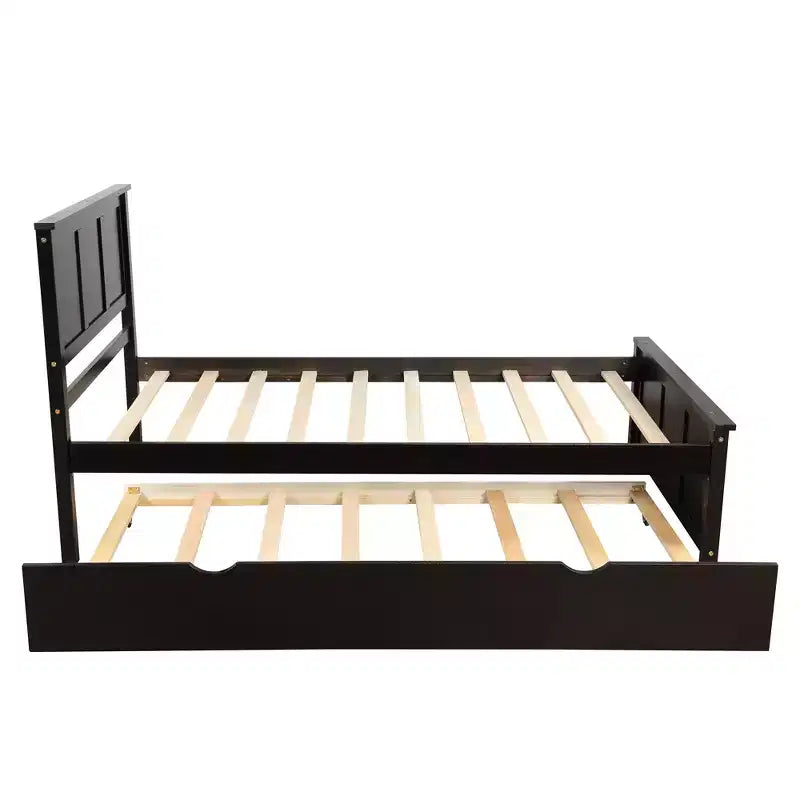 Lit plateforme FAMYYT pour jumeaux avec lit gigogne peu encombrant, assemblage facile, couleur expresso