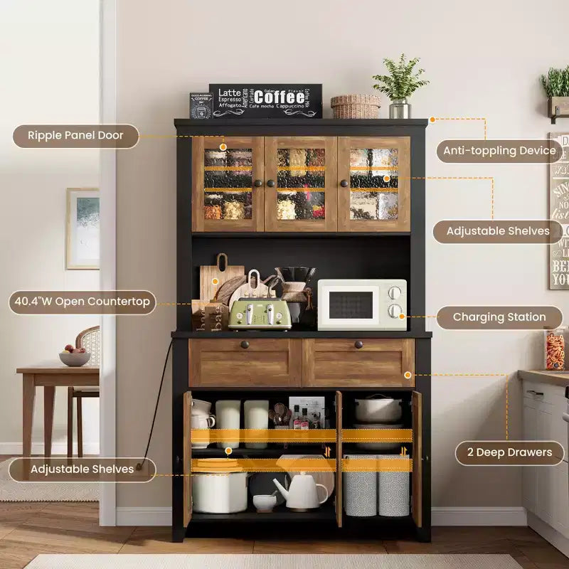 Meuble de rangement haut avec station de recharge, Armoire de cuisine moderne avec comptoir, tiroirs et étagères réglables