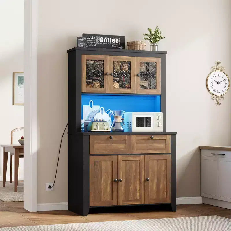 Meuble de rangement haut avec station de recharge, Armoire de cuisine moderne avec comptoir, tiroirs et étagères réglables