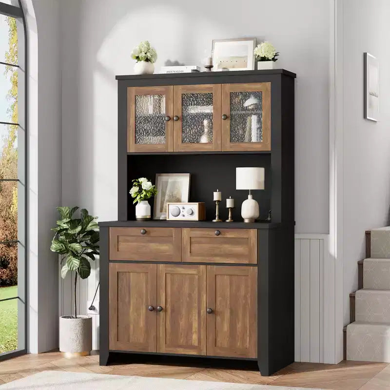 Meuble de rangement haut avec station de recharge, Armoire de cuisine moderne avec comptoir, tiroirs et étagères réglables