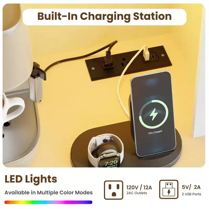 Meuble de rangement haut avec station de recharge, Armoire de cuisine moderne avec comptoir, tiroirs et étagères réglables