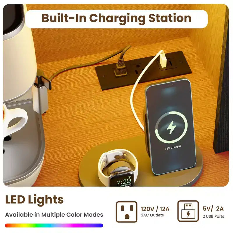 Meuble de rangement haut avec station de recharge, Armoire de cuisine moderne avec comptoir, tiroirs et étagères réglables