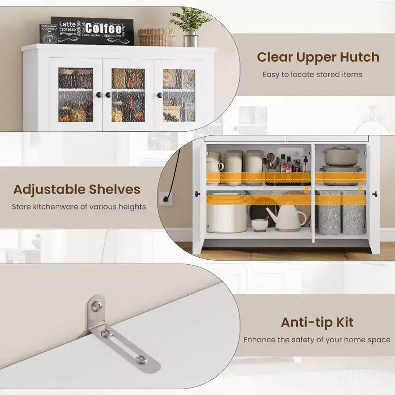 Meuble de rangement haut avec station de recharge, Armoire de cuisine moderne avec comptoir, tiroirs et étagères réglables