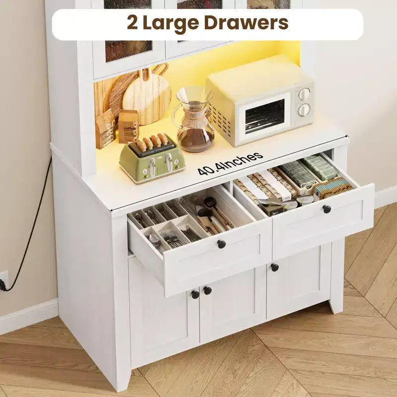 Meuble de rangement haut avec station de recharge, Armoire de cuisine moderne avec comptoir, tiroirs et étagères réglables