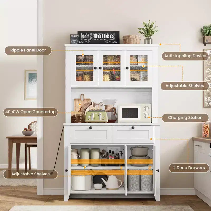 Meuble de rangement haut avec station de recharge, Armoire de cuisine moderne avec comptoir, tiroirs et étagères réglables