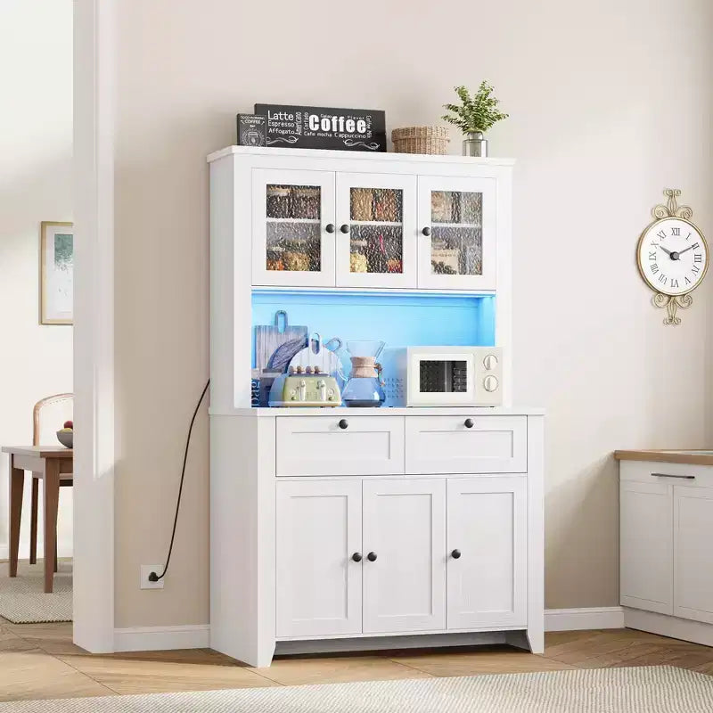 Meuble de rangement haut avec station de recharge, Armoire de cuisine moderne avec comptoir, tiroirs et étagères réglables