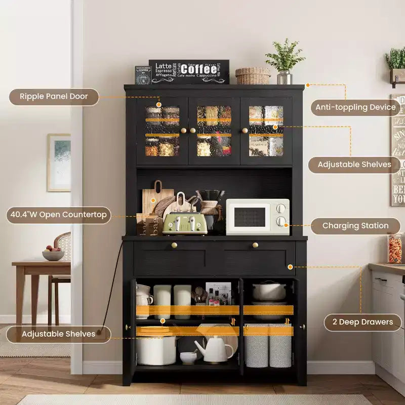 Meuble de rangement haut avec station de recharge, Armoire de cuisine moderne avec comptoir, tiroirs et étagères réglables