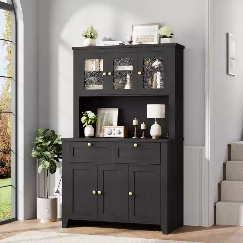 Meuble de rangement haut avec station de recharge, Armoire de cuisine moderne avec comptoir, tiroirs et étagères réglables