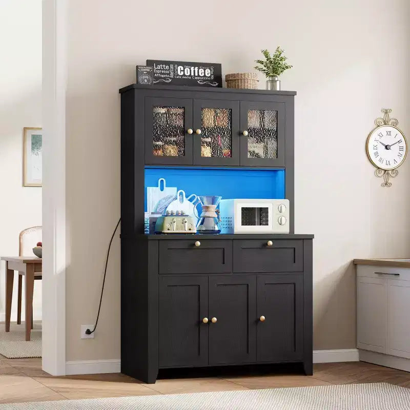 Meuble de rangement haut avec station de recharge, Armoire de cuisine moderne avec comptoir, tiroirs et étagères réglables