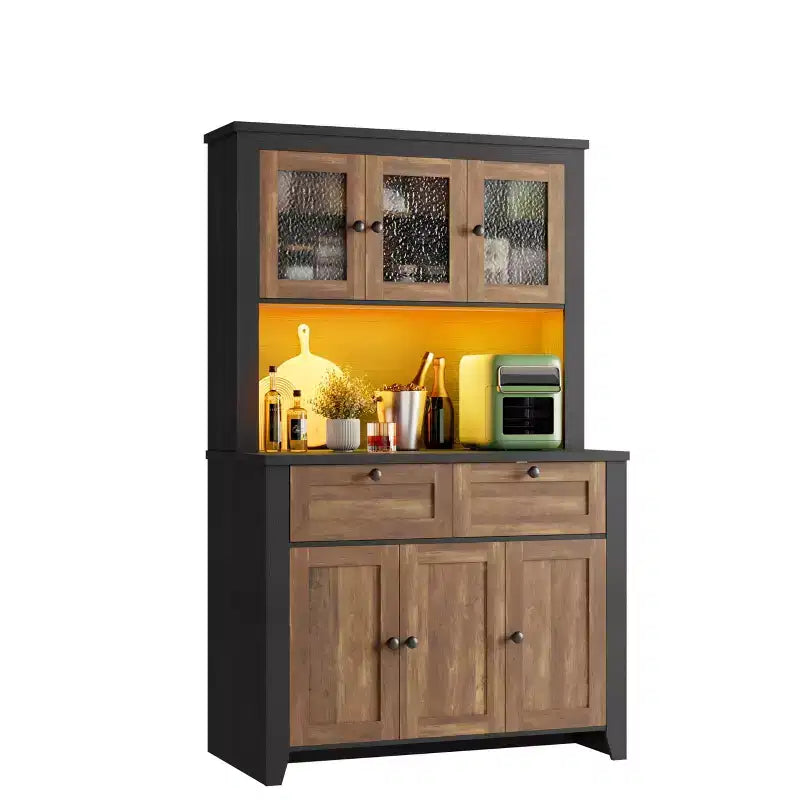 Meuble de rangement haut avec station de recharge, Armoire de cuisine moderne avec comptoir, tiroirs et étagères réglables