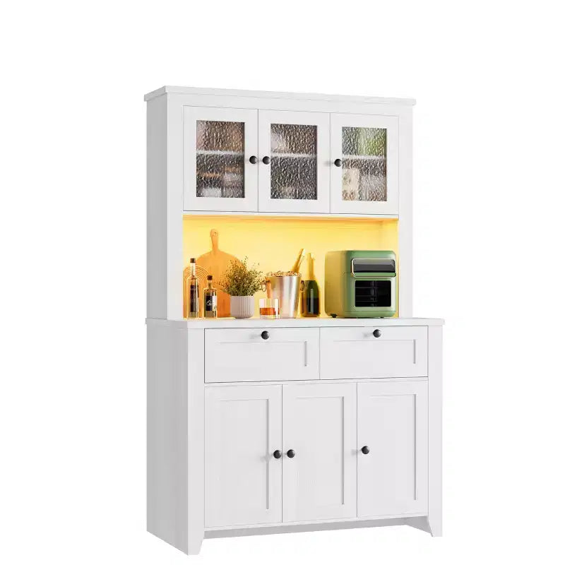 Meuble de rangement haut avec station de recharge, Armoire de cuisine moderne avec comptoir, tiroirs et étagères réglables