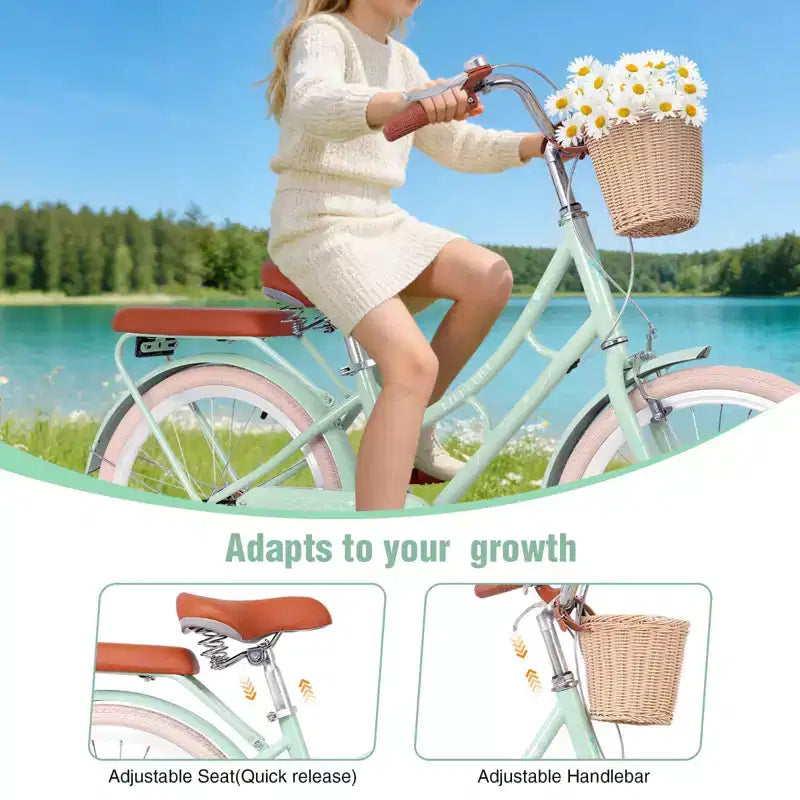 Vélo Cruiser Fille NAYSAYE avec Panier Avant et Cadre en Acier Robuste pour un Trajet Urbain Confortable, Vert, 58.39*24.53*36.93