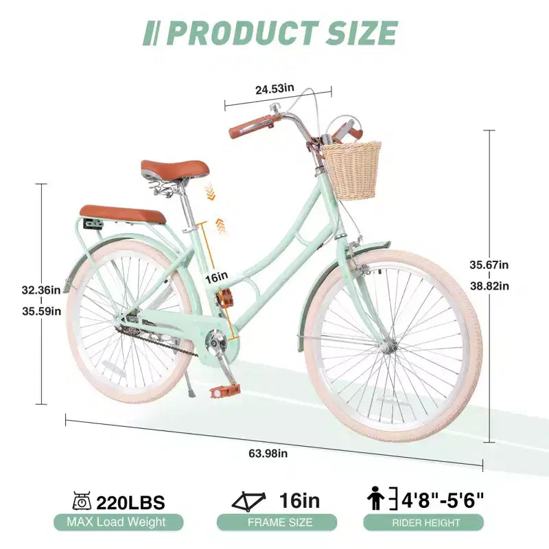 Vélo de ville NAYSAYE pour femme avec panier avant et cadre robuste pour un trajet confortable en ville, vert, 63.98*24.53*38.82