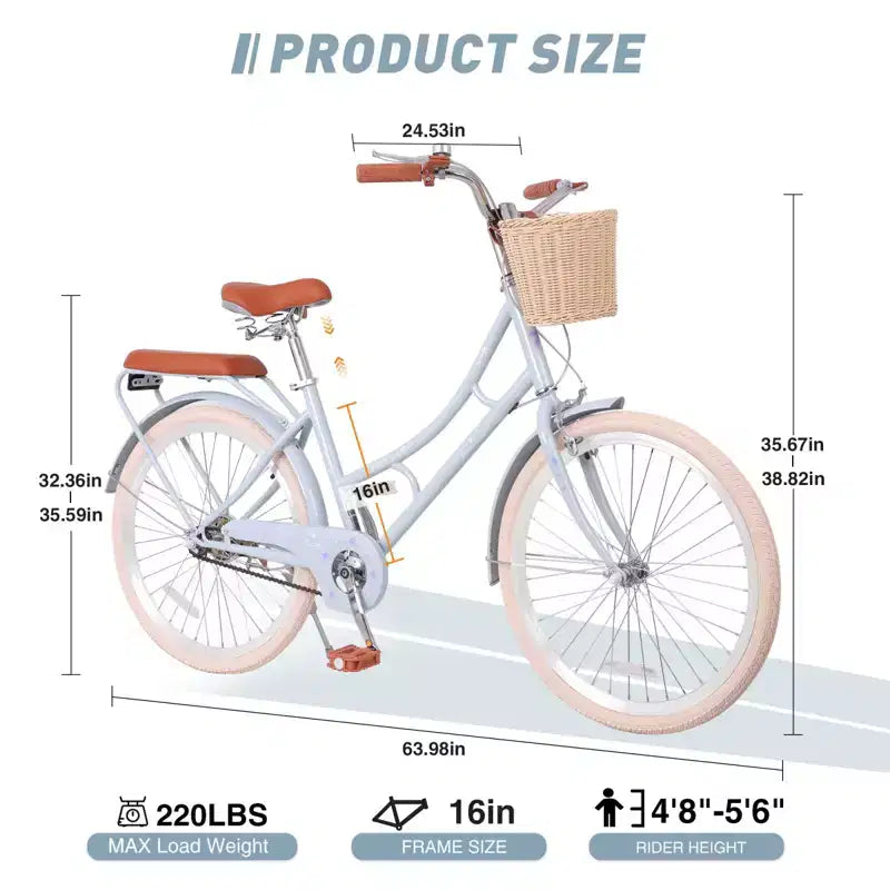 Vélo de ville NAYSAYE pour femme avec panier avant et cadre robuste pour des trajets urbains confortables, bleu, 63.98*24.53*38.82