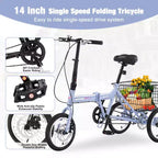 NAYSAYE Tricycle pliant pour adultes avec panier, cadre en acier pliable, grande capacité de charge pour le shopping et les voyages en extérieur, bleu, 53,54*23,23*39,49