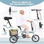 Tricycle pliant à 3 roues pour adultes NAYSAYE avec panier, cadre en acier pliable et grande capacité de charge, bleu clair, 53.54*23.23*39.49