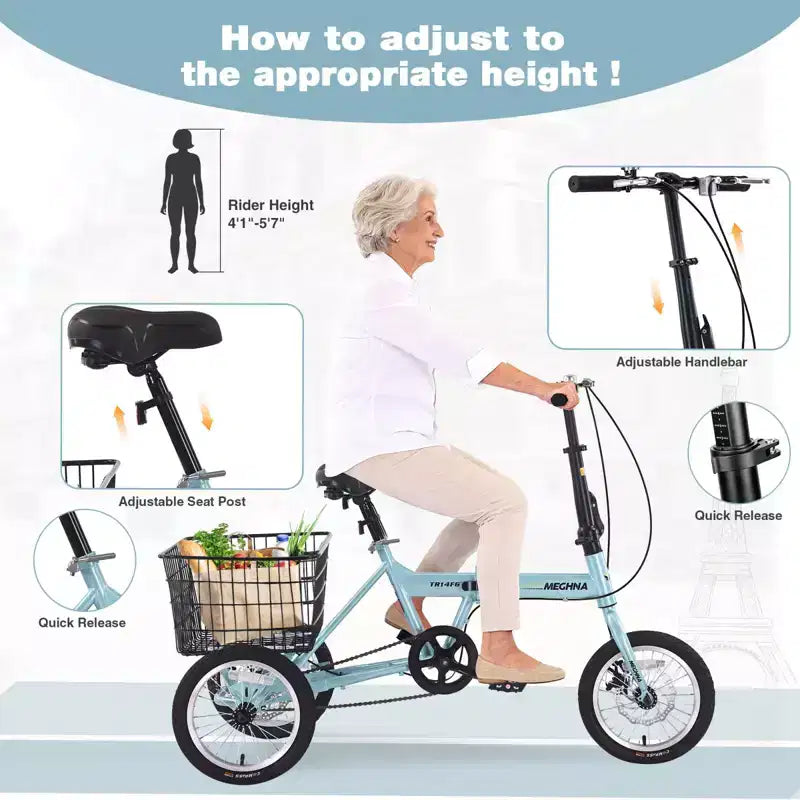 Tricycle pliant à 3 roues pour adultes NAYSAYE avec panier, cadre en acier pliable et grande capacité de charge, bleu clair, 53.54*23.23*39.49