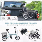 Tricycle pliant à 3 roues pour adultes NAYSAYE avec panier, cadre en acier pliable et grande capacité de charge, bleu clair, 53.54*23.23*39.49