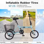 Tricycle pliant à 3 roues pour adultes NAYSAYE avec panier, cadre en acier pliable et grande capacité de charge, bleu clair, 53.54*23.23*39.49