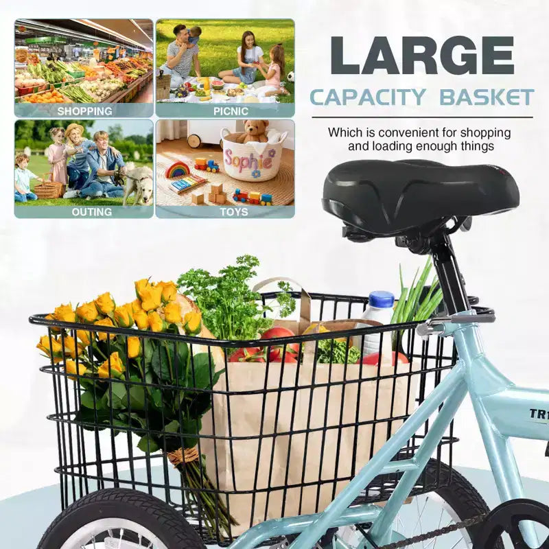 Tricycle pliant à 3 roues pour adultes NAYSAYE avec panier, cadre en acier pliable et grande capacité de charge, bleu clair, 53.54*23.23*39.49