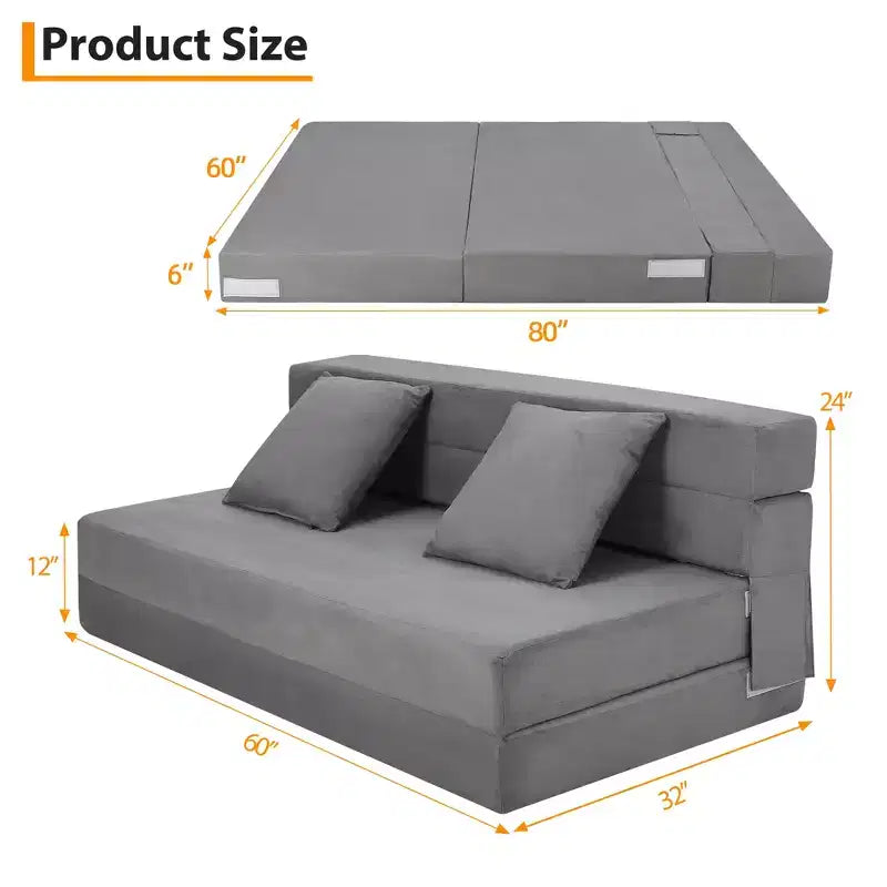 Canapé-lit pliant 80 avec oreillers, fauteuil-lit convertible pour adultes, futon de sol en mousse à mémoire de forme pour salon compact