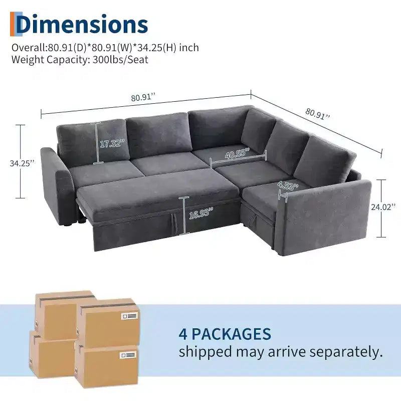 Canapé d'angle Acekool Chenille avec lit gigogne, Gris | Canapé Modulable en L avec Rangement sous les Assises et Élément d'Angle Description du produit