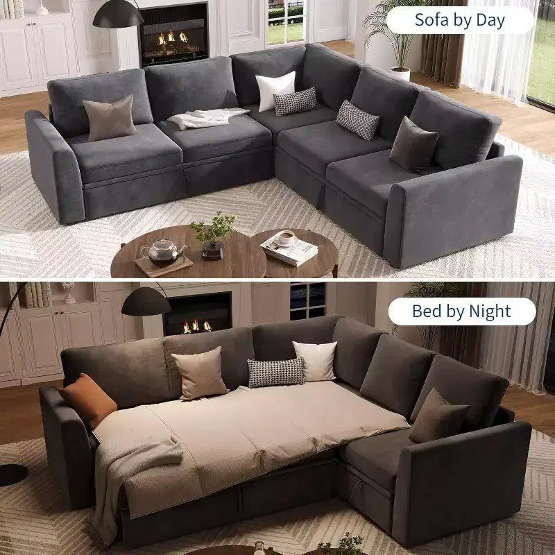 Canapé d'angle Acekool Chenille avec lit gigogne, Gris | Canapé Modulable en L avec Rangement sous les Assises et Élément d'Angle Description du produit