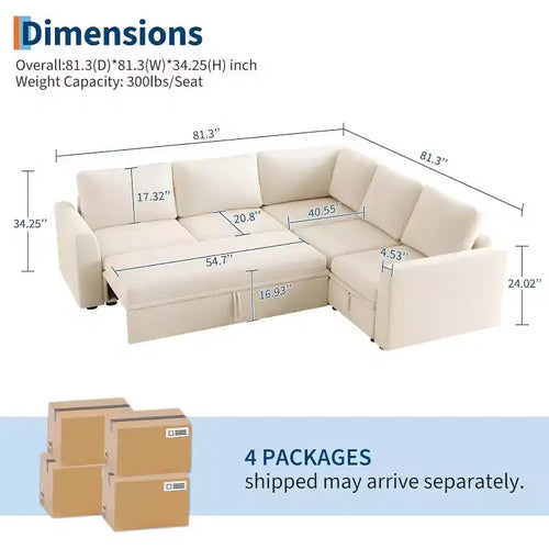 Canapé d'angle Acekool Chenille avec lit gigogne, Gris | Canapé Modulable en L avec Rangement sous les Assises et Élément d'Angle Description du produit