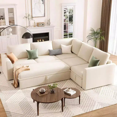 Acekool Chenille Sectional Sofa with Pull-Out Bed, Gray | Modular L-Shaped Couch with Storage Seats & Corner Piece Product Description