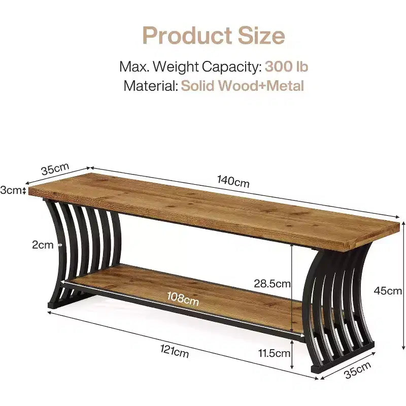 Banc d'entrée industriel Lantine avec étagère, banc à chaussures en bois pour pied de lit, banc de rangement long de 140 cm pour chambre, couloir, hall d'entrée, marron et noir