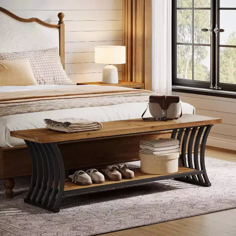 Banc d'entrée industriel Lantine avec étagère, banc à chaussures en bois pour pied de lit, banc de rangement long de 140 cm pour chambre, couloir, hall d'entrée, marron et noir