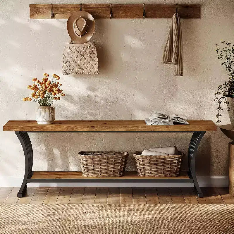 Banc d'entrée industriel Lantine avec étagère, banc à chaussures en bois pour pied de lit, banc de rangement long de 140 cm pour chambre, couloir, hall d'entrée, marron et noir