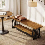 Banc d'entrée industriel Lantine avec étagère, banc à chaussures en bois pour pied de lit, banc de rangement long de 140 cm pour chambre, couloir, hall d'entrée, marron et noir