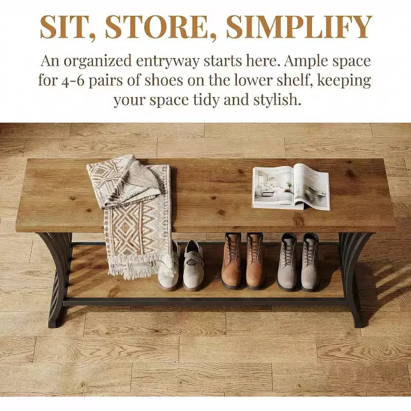 Banc d'entrée industriel Lantine avec étagère, banc à chaussures en bois pour pied de lit, banc de rangement long de 140 cm pour chambre, couloir, hall d'entrée, marron et noir