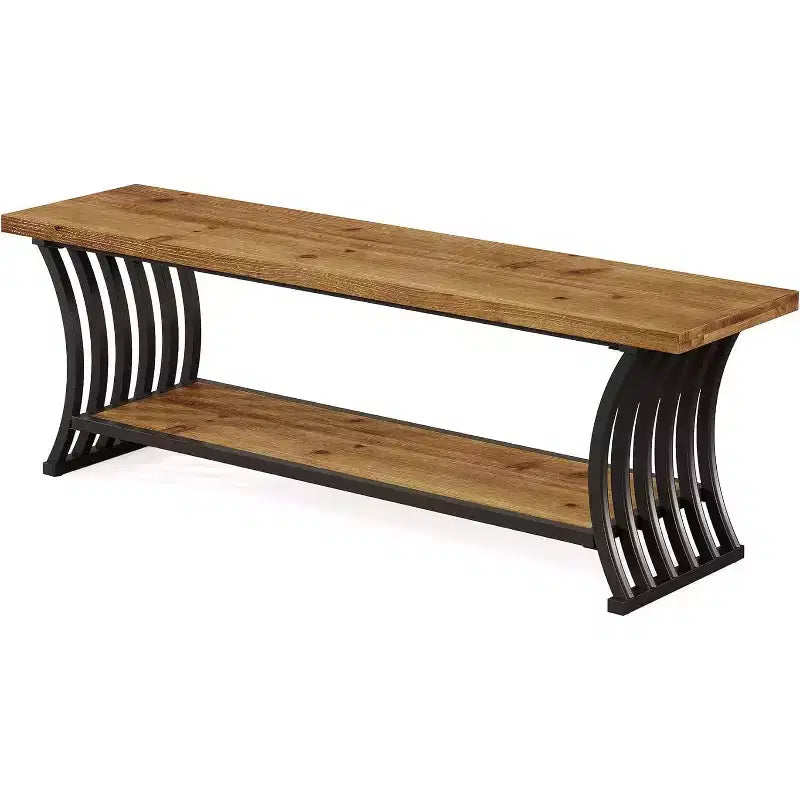 Banc d'entrée industriel Lantine avec étagère, banc à chaussures en bois pour pied de lit, banc de rangement long de 140 cm pour chambre, couloir, hall d'entrée, marron et noir
