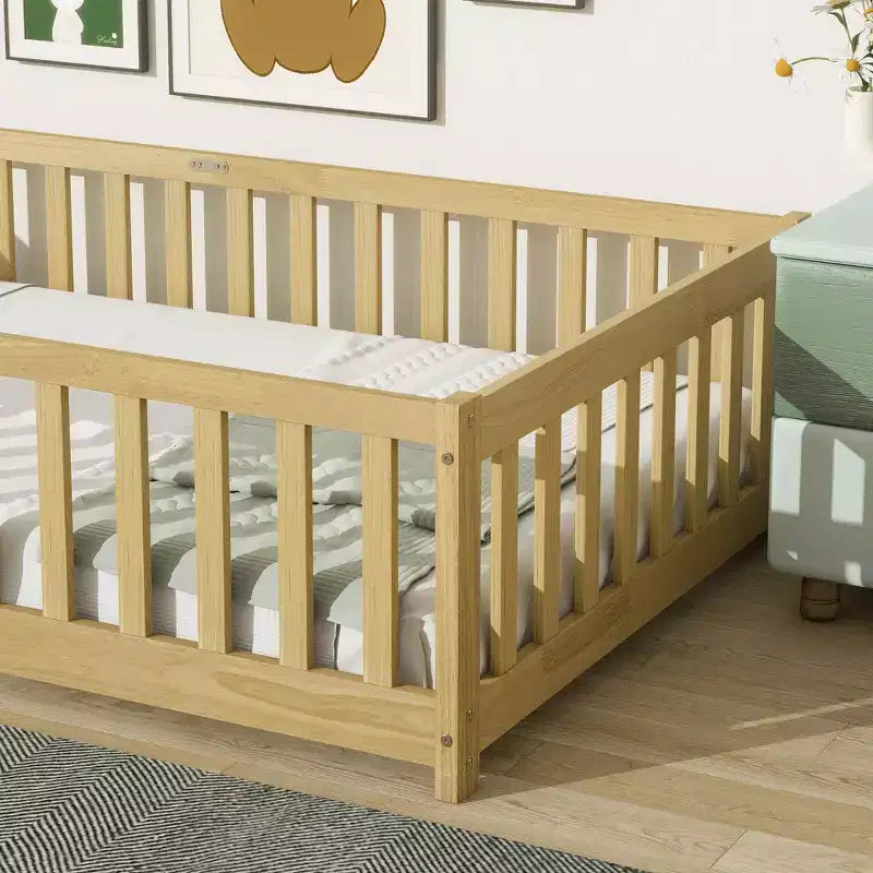 Lit superposé Sailvan avec clôture, cadre de lit en bois d'hévéa massif pour enfants