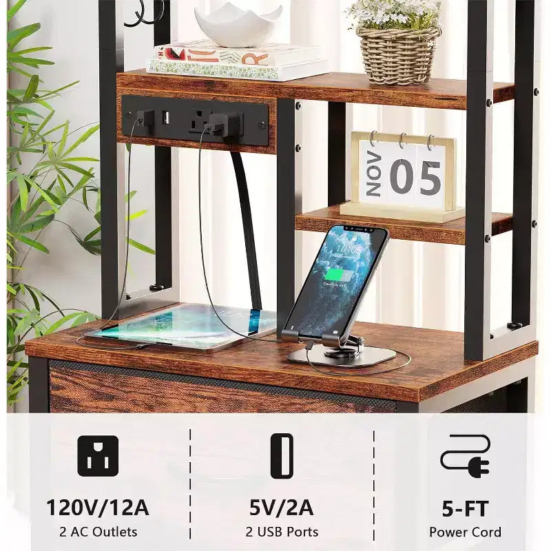 Qwatto Table de Chevet Haute de 115 cm avec Station de Recharge USB et Lumière, 3 Tiroirs en Tissu, Bibliothèque pour Petite Chambre à Coucher ou Dortoir, Finition Marron