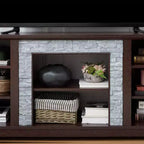 Meuble TV JVNOXK avec contour en fausse pierre empilée, console de divertissement moderne avec espace de rangement ouvert, couleur cerisier
