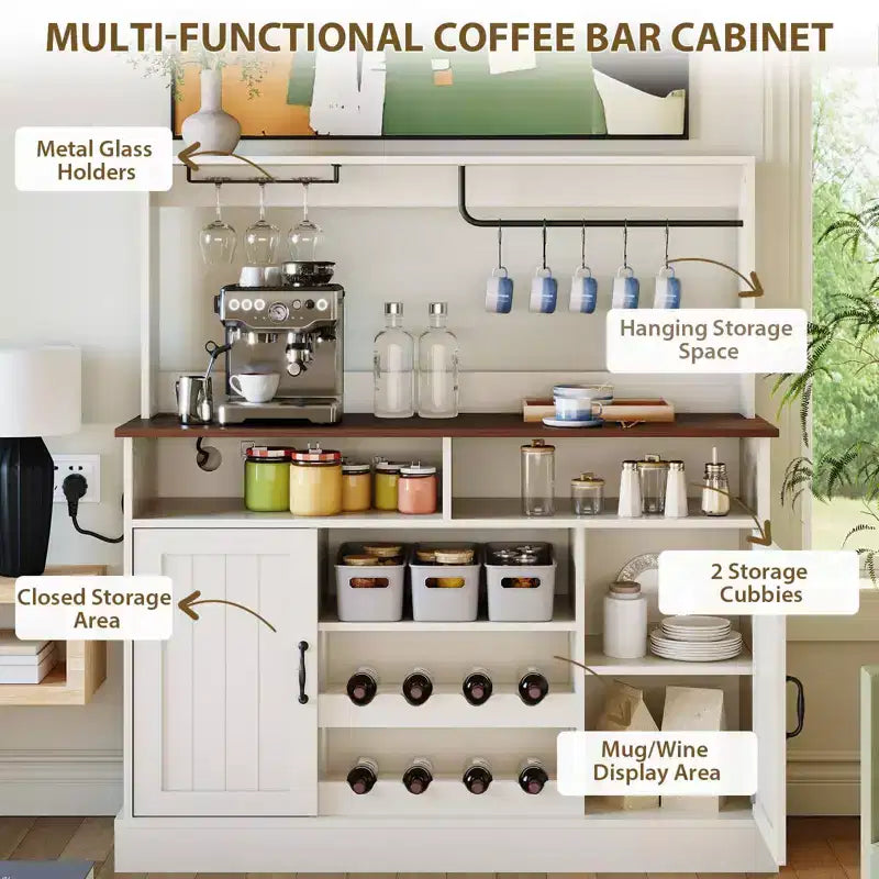 Meuble de bar à café de ferme 47 avec station de recharge, buffet en bois, grand buffet, étagère de rangement avec casier à vin pour cuisine et salle à manger