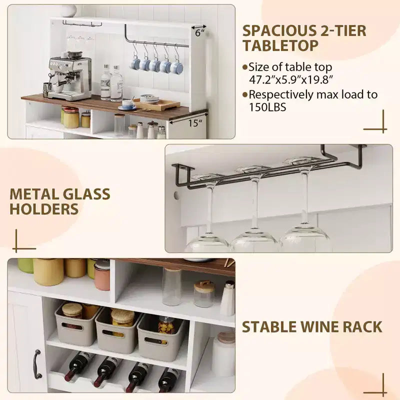 Meuble de bar à café de ferme 47 avec station de recharge, buffet en bois, grand buffet, étagère de rangement avec casier à vin pour cuisine et salle à manger